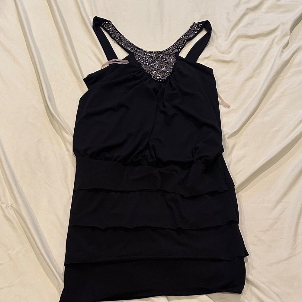 Trixxi Black Beaded Racerback Tiered Mini Dress